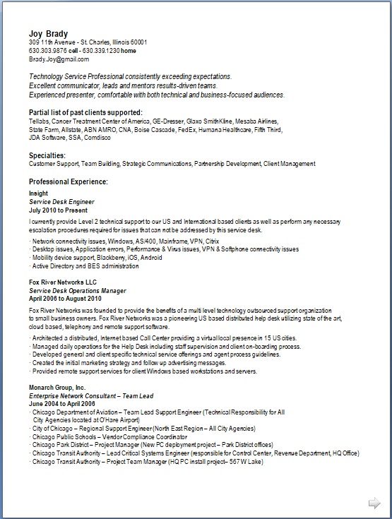Service Desk Engineer Sample Resume Format in Word Free Download