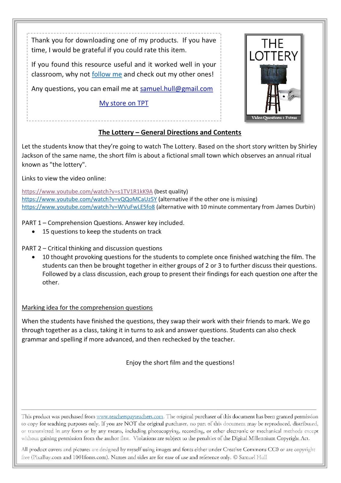 Movie Guides And Comprehension Questions: The Lottery By Shirley - Movie Guides And Comprehension Questions: The Lottery By Shirley