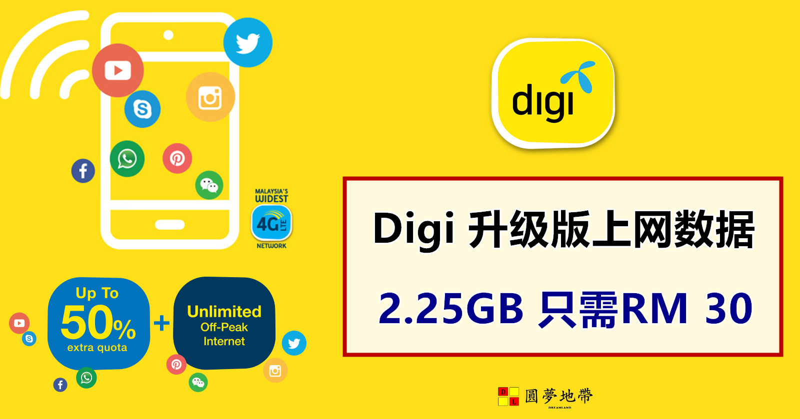 Digi 升级预付上网配套，2.25GB只需RM 30 新热点