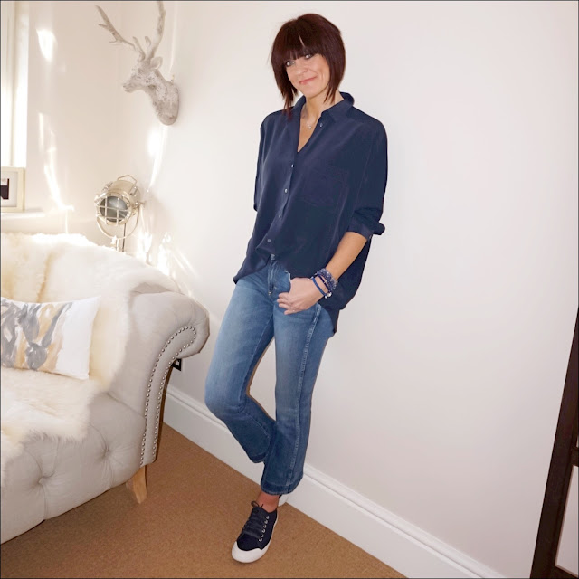 my midlife fashion, great plains sophie silk batwing sleeve oversized shirt, j crew jane cropped flare jeans, j crew tretorn canvas sneakers