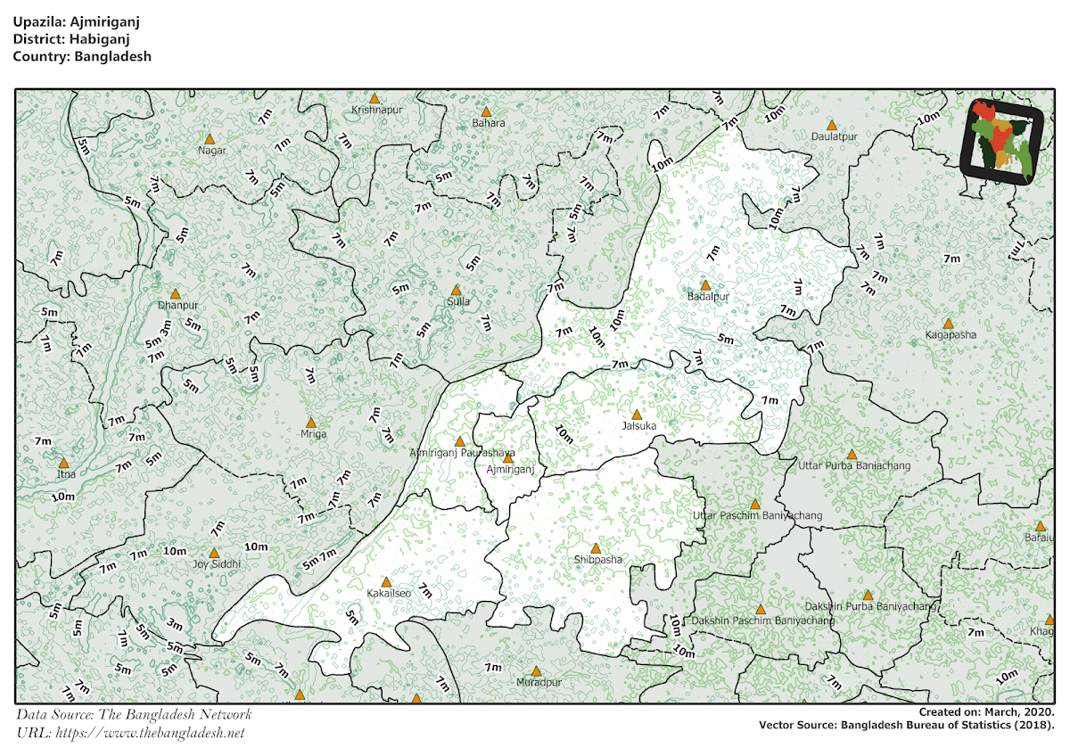 Ajmiriganj Upazila Elevation Map Habiganj District Bangladesh