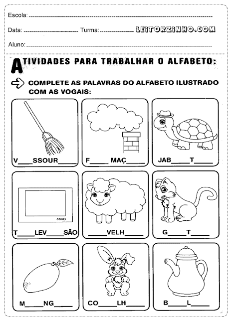 Complete as palavras do alfabeto ilustrado com as vogais