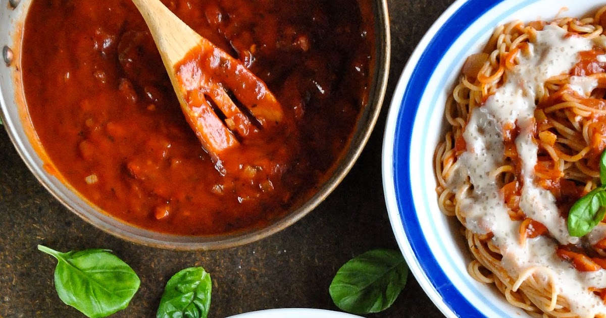 Easy spaghetti marinara with cashew mozzarella VeganSandra
