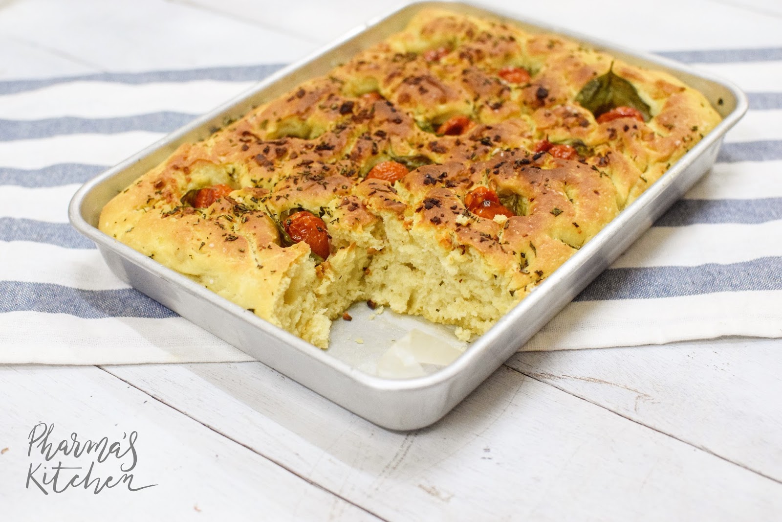 Pharma's Kitchen Focaccia with Basil and Cherry Tomatoes (a recipe by