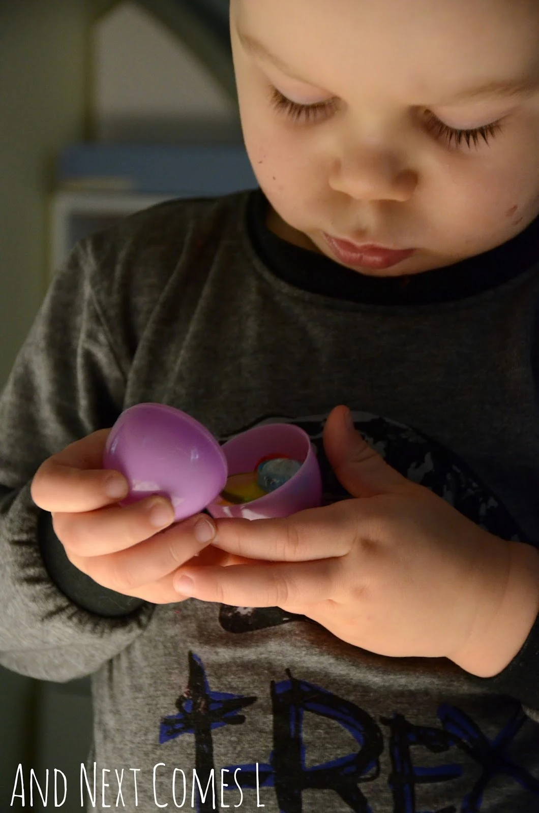 Playing with plastic Easter eggs at the light table