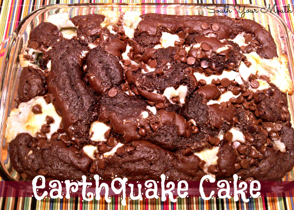 Earthquake Cake! A moist, delicious cake you don’t have to frost because the ooey-gooey cream cheese mixture becomes a frosting explosion that cracks the cake apart. Hence the name!