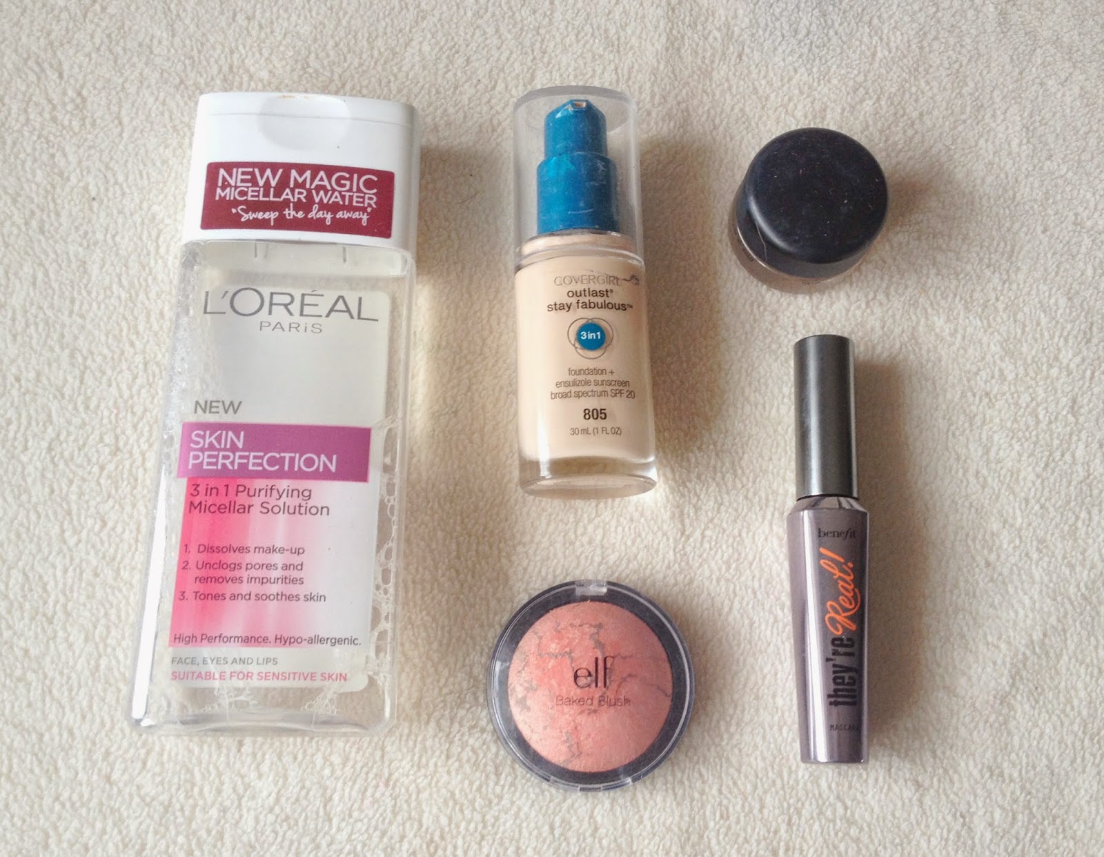 August Favourites - L'Oreal Micellar Water, Benefit They're Real, Covergirl Outlast Foundation, MAC Bare Study Paintpot, Elf Baked Blush in Peachy Cheeky
