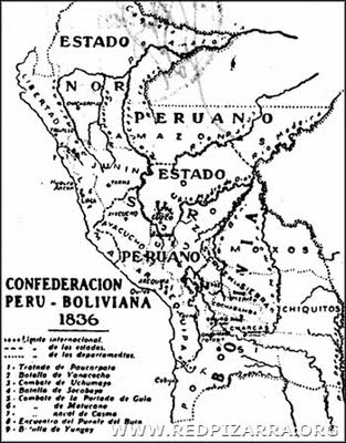 CONFEDERACION PERU-BOLIVIANA MAPA VISTO DESDE BOLIVIA año 1836