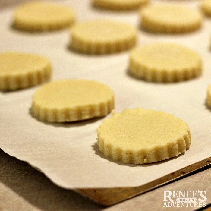 Lemon Shortbread Cookie dough cut into circles and on the pan ready to bake