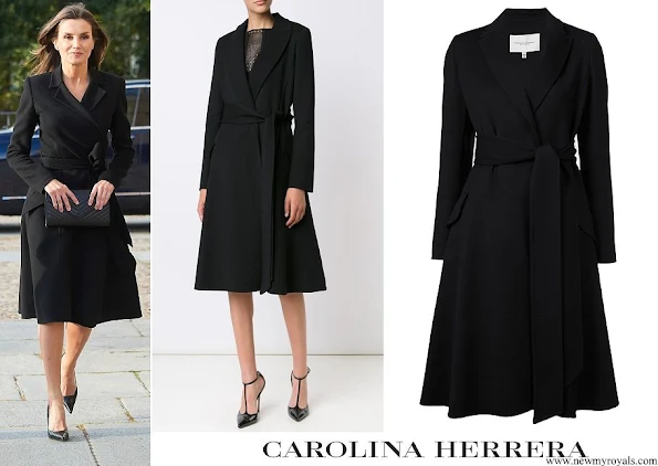 Queen Letizia wore Carolina Herrera Black A-Line Belted Coat