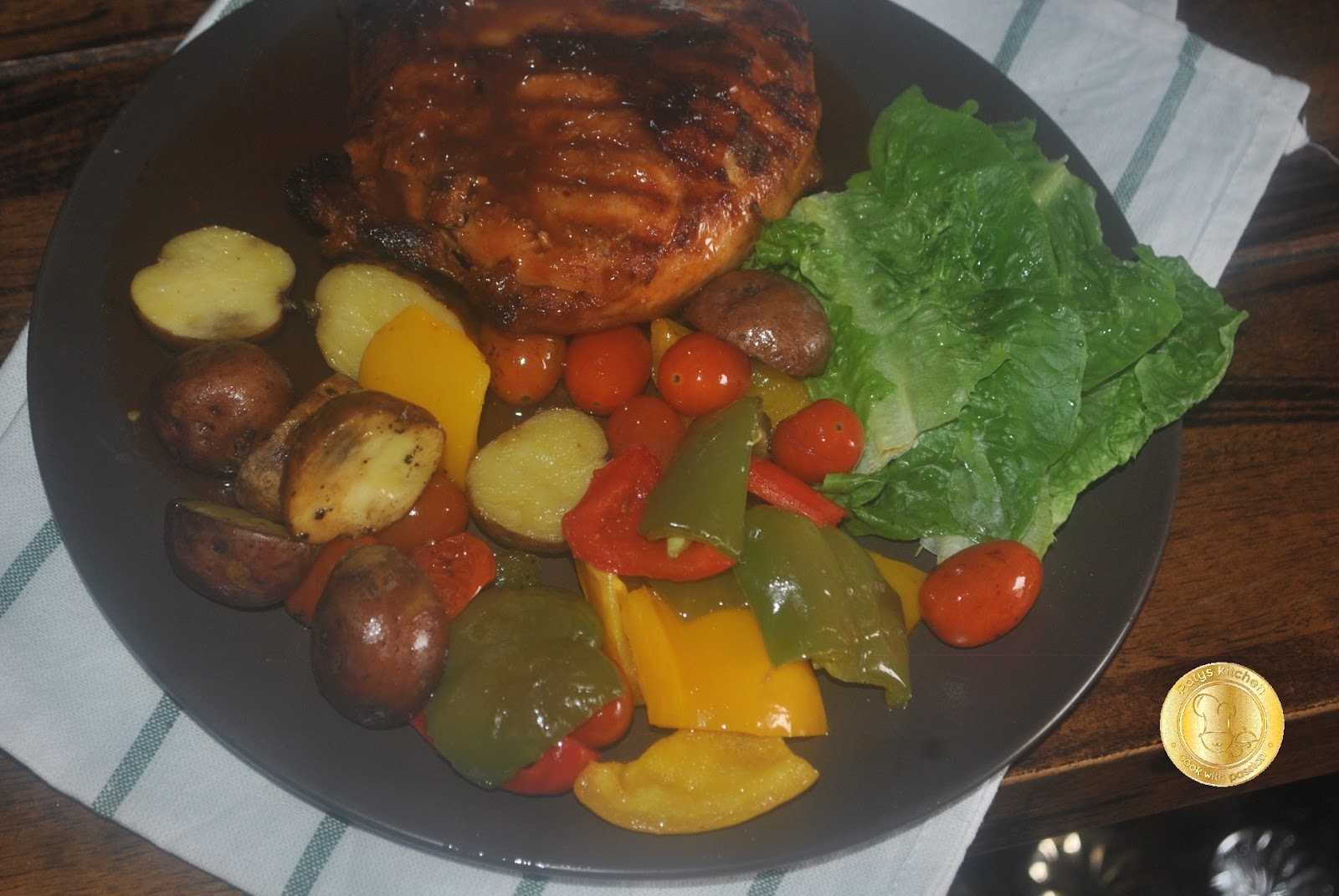 PATYSKITCHEN HONEY GLAZE GRILLED CHICKEN AND ROASTED POTATOES AND BELL PEPPERS