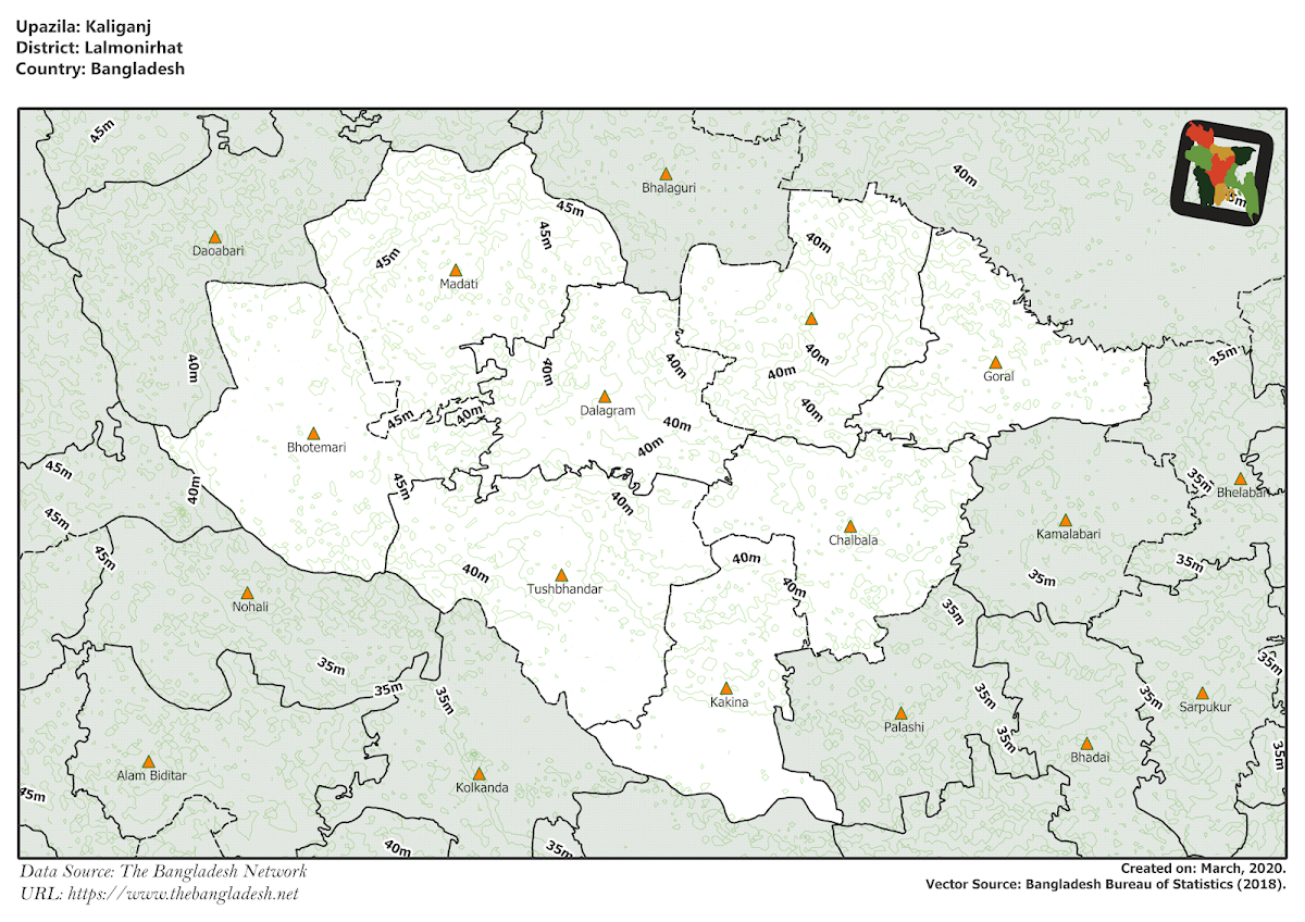 Kaliganj Upazila Elevation Map Lalmonirhat District Bangladesh