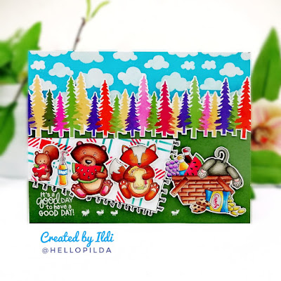 Life's a Picnic Card by July Guest Designer Ildi Imrefalvi | Newton's Picnic, Woodland Picnic and Winter Memories Stamp Sets and Cloudy Sky and Plaid Stencils by Newton's Nook Designs #newonsnook #handmade