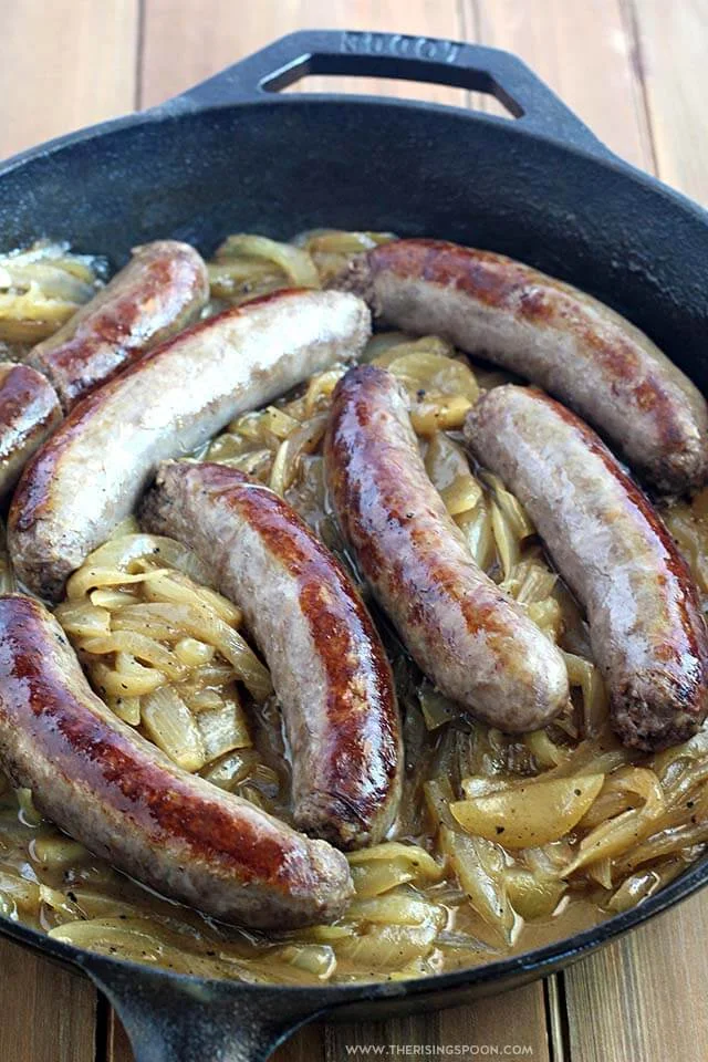 One-Pan Boiled Brats with Sweet Onions & Hard Apple Cider