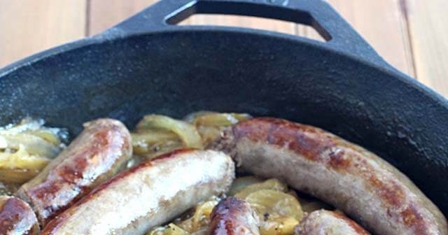 One-Pan Boiled Brats with Sweet Onions & Hard Apple Cider