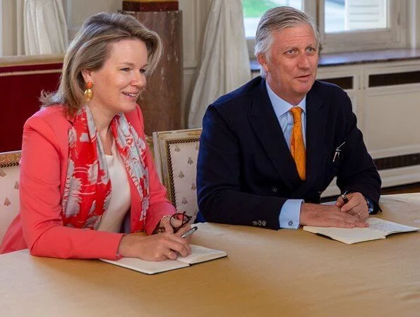 Queen Mathilde wore Giorgio Armani pink silk blazer. Covid-19 pandemic, caused by the novel coronavirus. Prince Philip