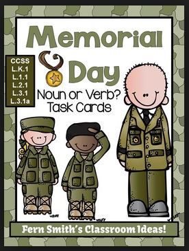 Fern Smith's Classroom Ideas Memorial Day Themed Task Cards for Noun or Verb? for Common Core!