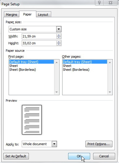 Customize paper size in ms word typing practices