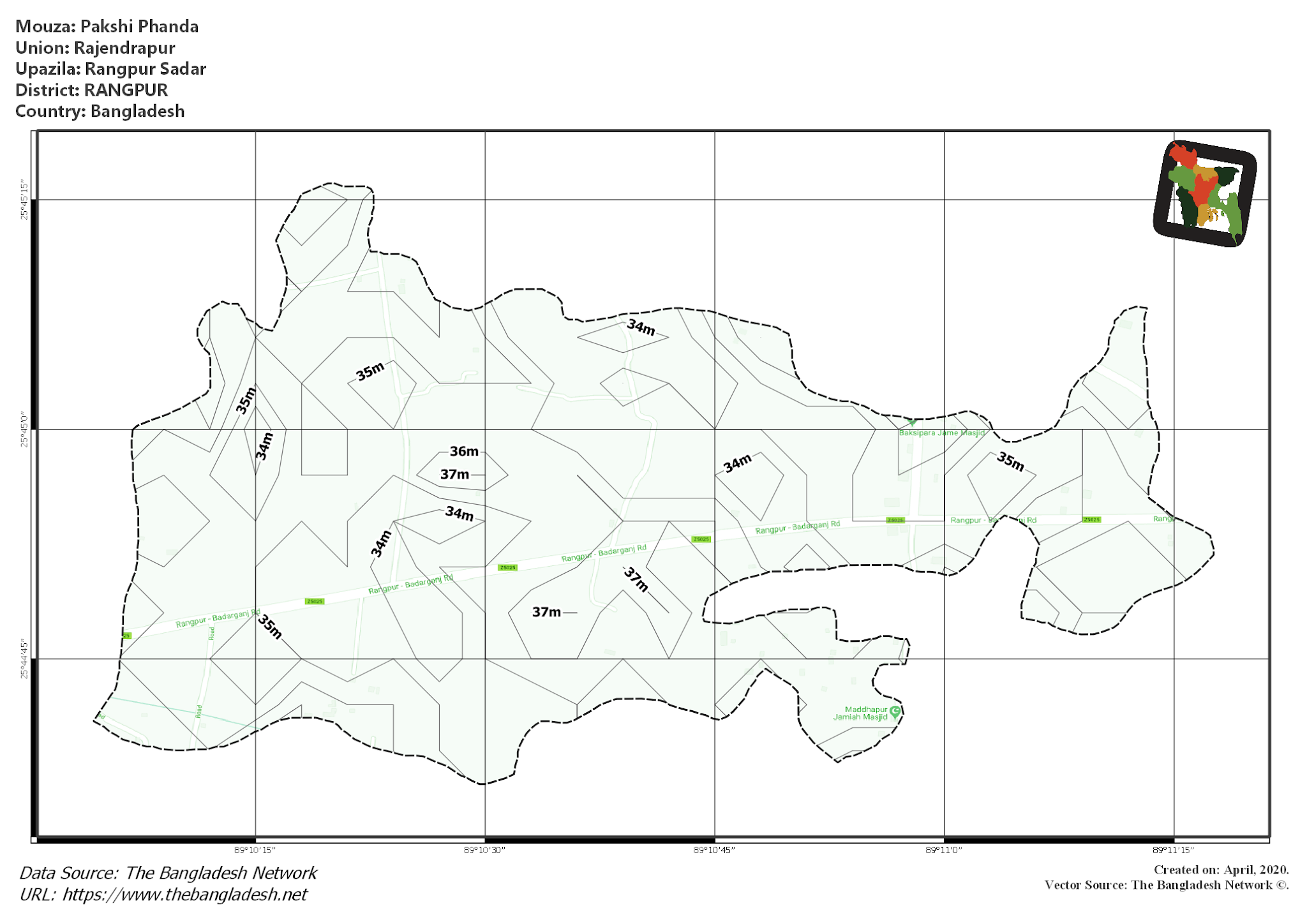 Map of Pakshi Phanda Mouza of Rangpur Sadar Upazila, RANGPUR, Bangladesh.