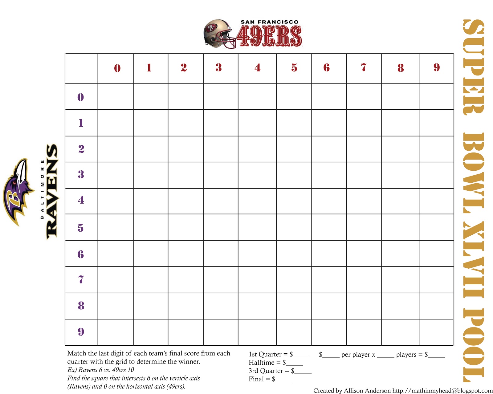 Math In My Head Superbowl XLVII Printable Pool Math In My Head Superbowl XLVII Printable Pool