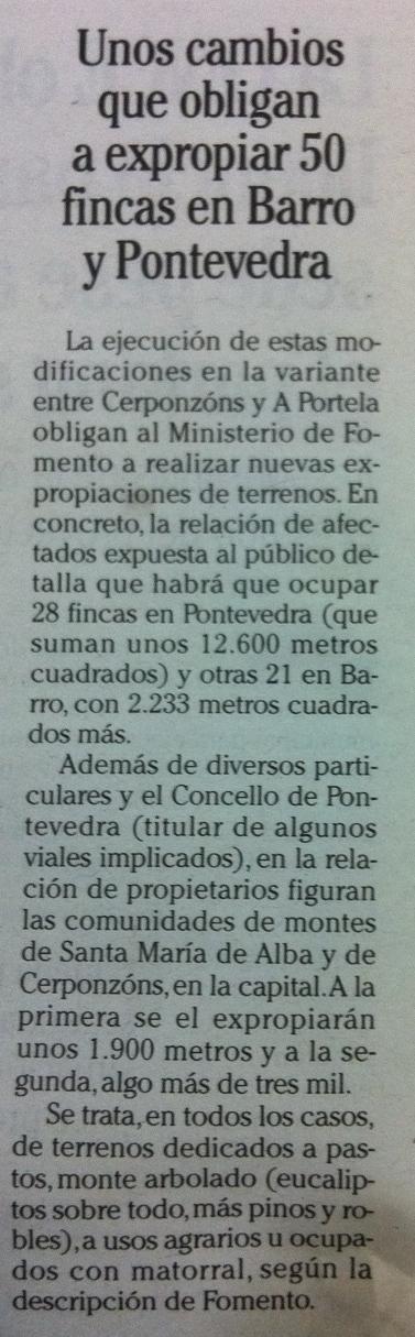 Los cambios del AVE entre Portela y Cerponzóns obligan a expropiar 50 fincas en Barro y Pontevedra.