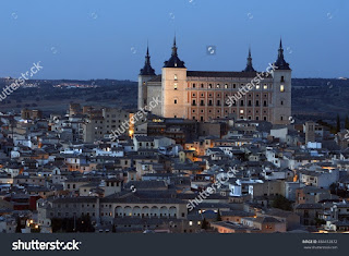 Night photography Alcázar of Toledo, Castilla La Mancha, Spain, unlit, only ambient lights, next to the River Tagus, Night photography Alcázar of Toledo, Castilla La Mancha, Spain, unlit, only ambient lights, next to the River Tagus,
