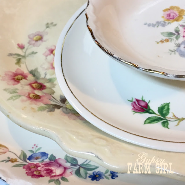 mismatched dishes with pink floral design vintage pink floral dishes