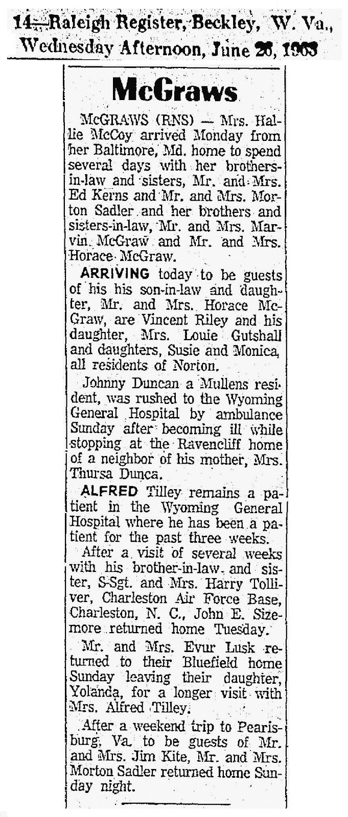 The McGraw Family Reunion (WV) Blog McGraws Notes from the Raleigh Register 1963