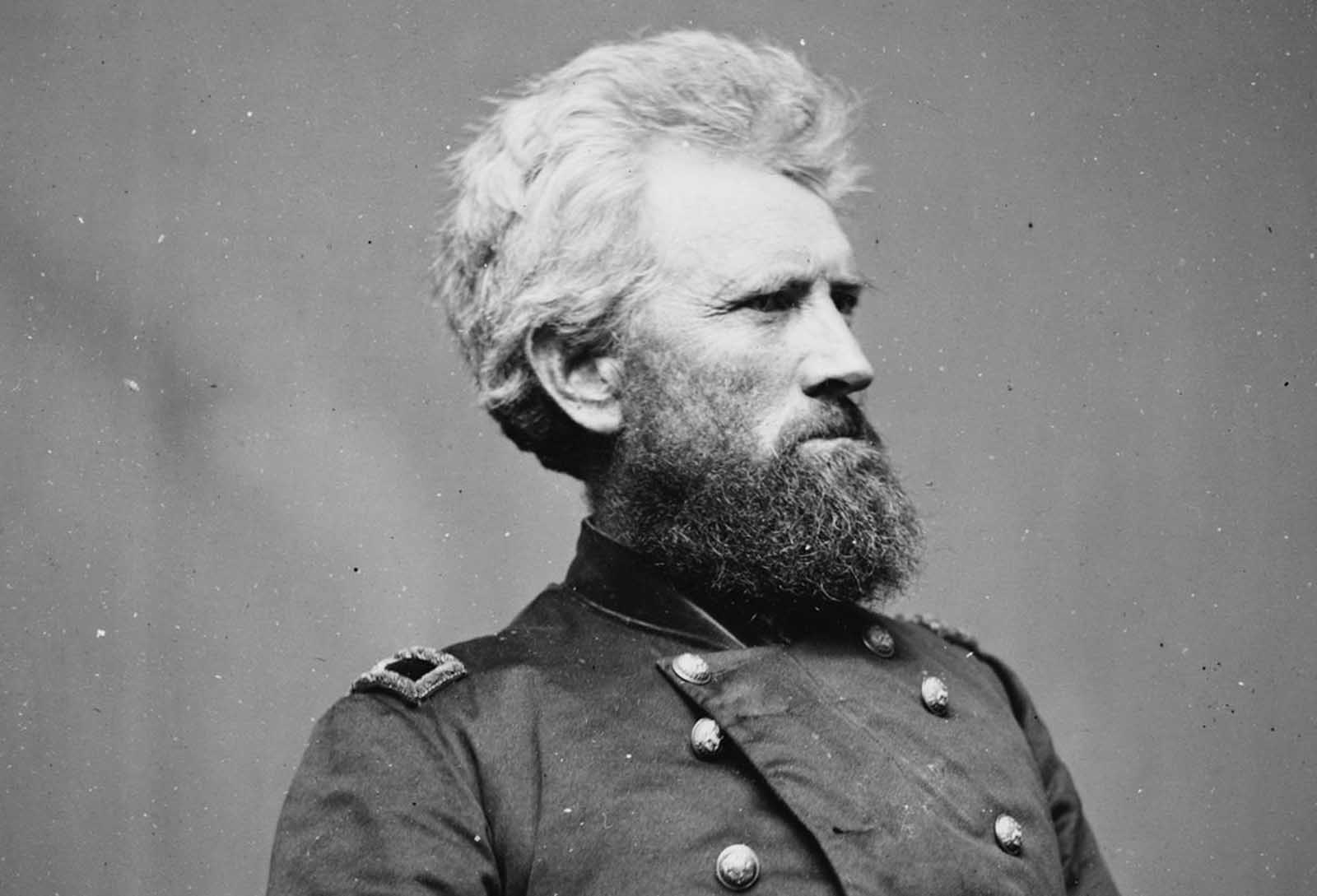 Portrait of Brigadier General Robert Huston Milroy, officer of the Union Army. Milroy most noted for his defeat at the Second Battle of Winchester in 1863. He later became Superintendent of Indian Affairs in the Washington Territory. Milroy died in Olympia, Washington in 1890, at the age of 73.