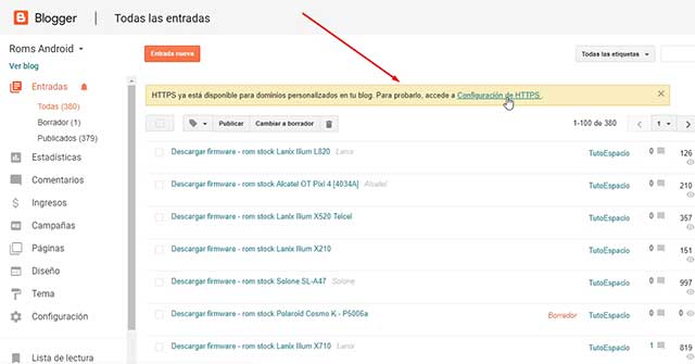 HTTPS ya está disponible para dominios personalizados en tu blog. Para probarlo, accede a Configuración de HTTPS