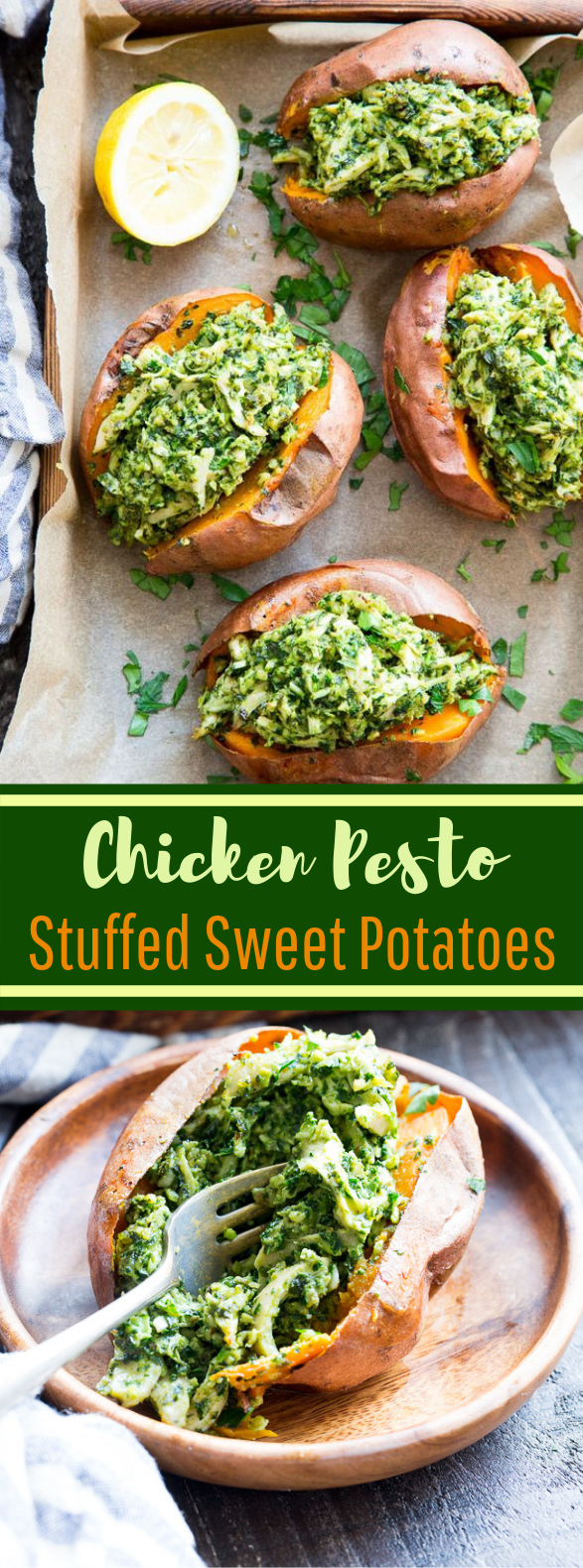 Chicken Pesto Stuffed Sweet Potatoes {Paleo, Whole30} #healthy #cleaneating