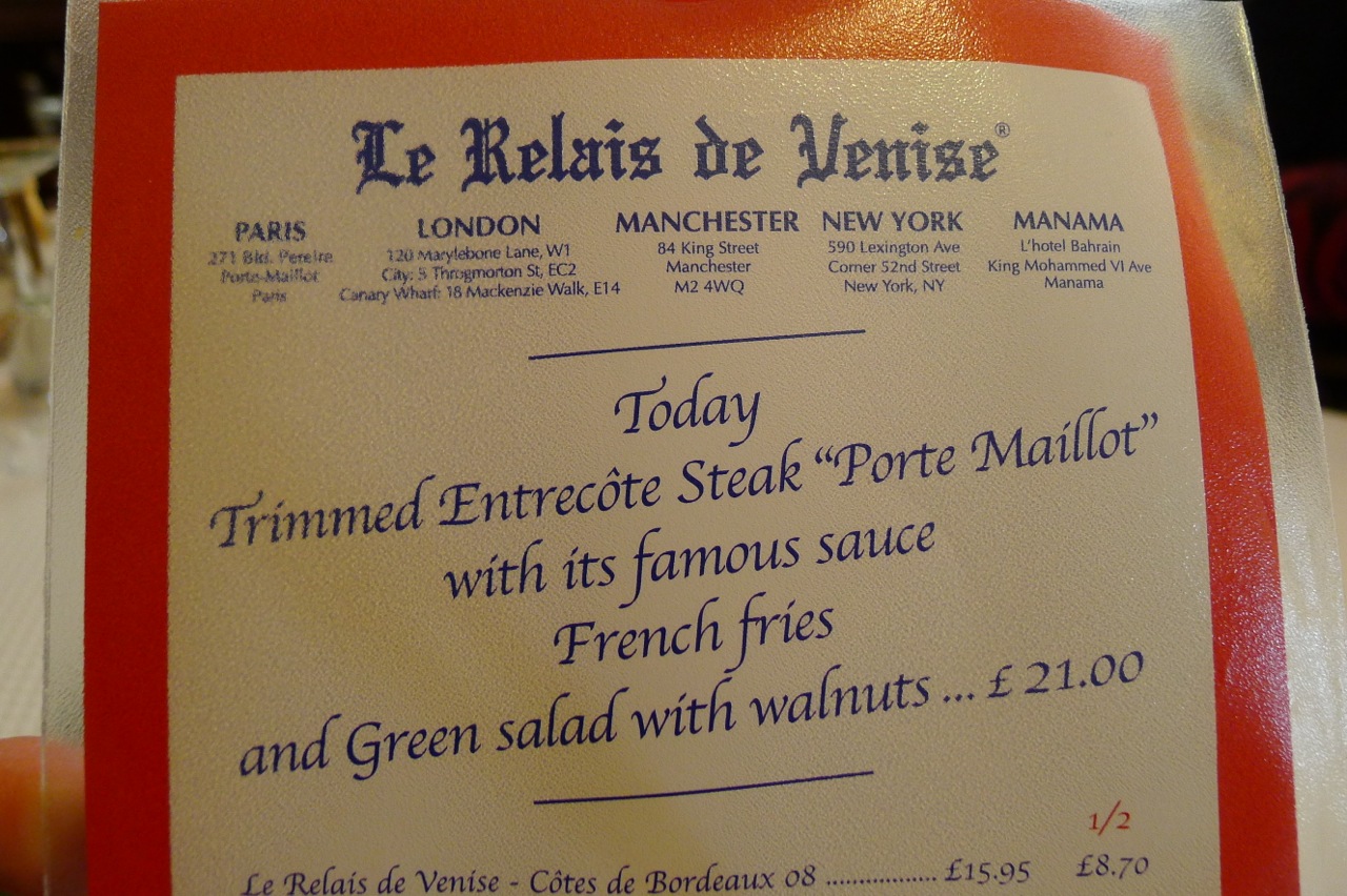 Le Relais De Venise - Son Entrecôte Menu HUNGRY HOSS: Le Relais de Venise, Manchester