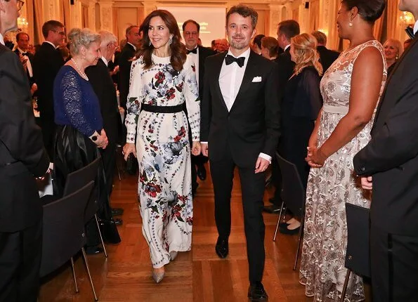 Crown Princess Mary wore Erdem Agnes floral print silk crepe gown. Amgen is the AmCham’s 2019 Foreign Company