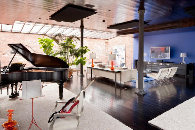 Photo of small living room and the piano in the Tribeca triplex