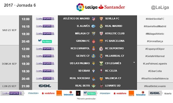 Liga Santander 2017/2018, horarios oficiales de la jornada 6
