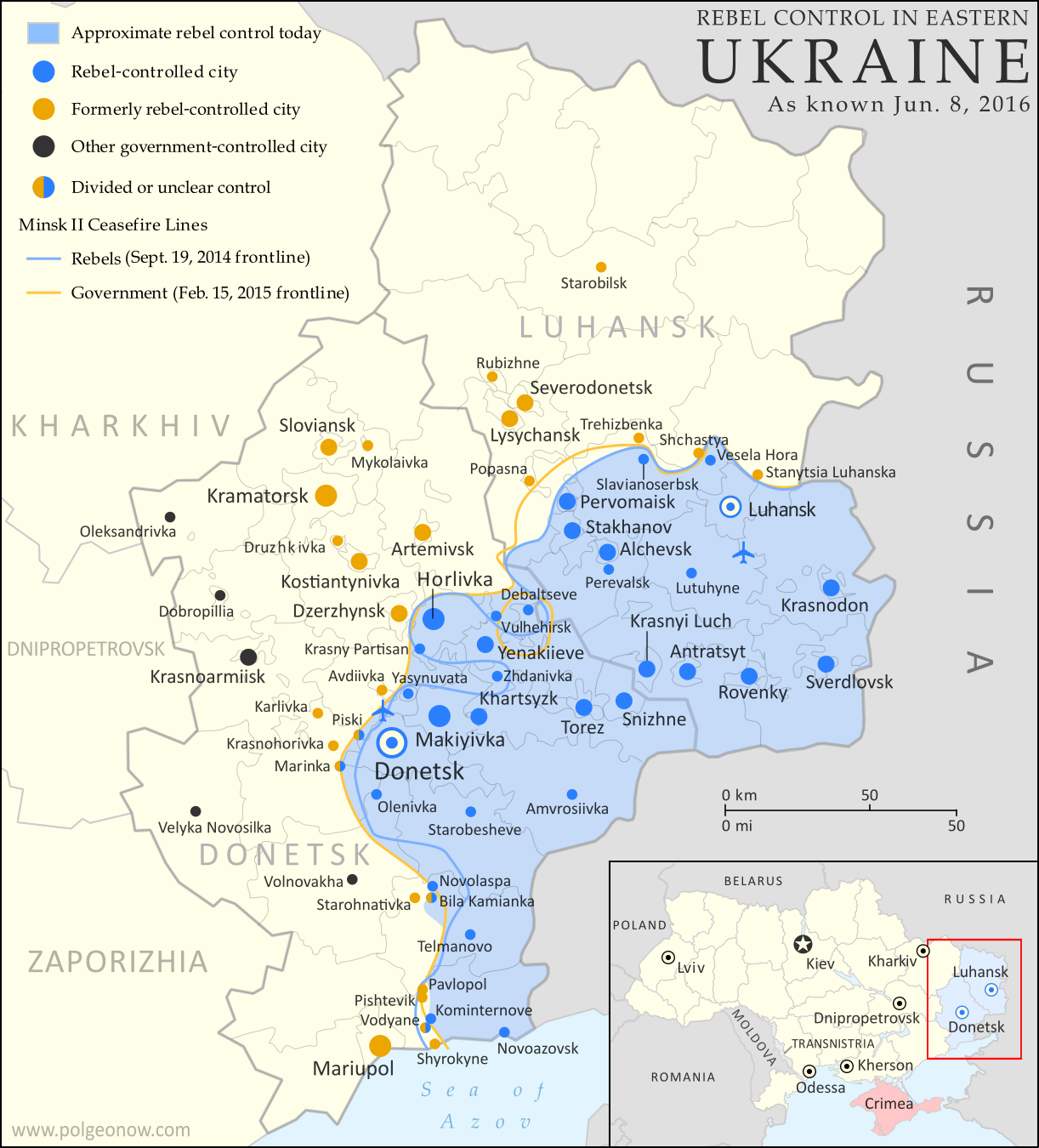 Map of rebel territorial control in Ukraine's eastern provinces of Donetsk and Luhansk, claimed by the breakaway Donetsk People's Republic and Lugansk People's Republic. Updated for June 2016, with Minsk ceasefire lines shown.