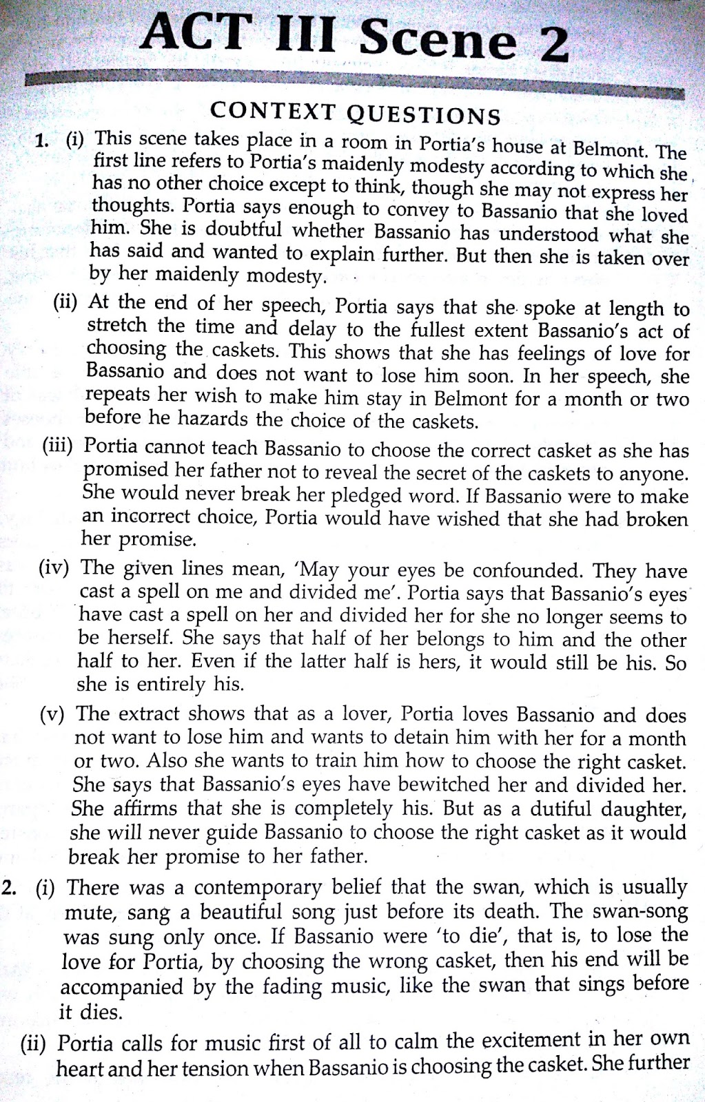 Workbook Answers/Solutions of The Merchant of Venice, Act 3 Scene 2