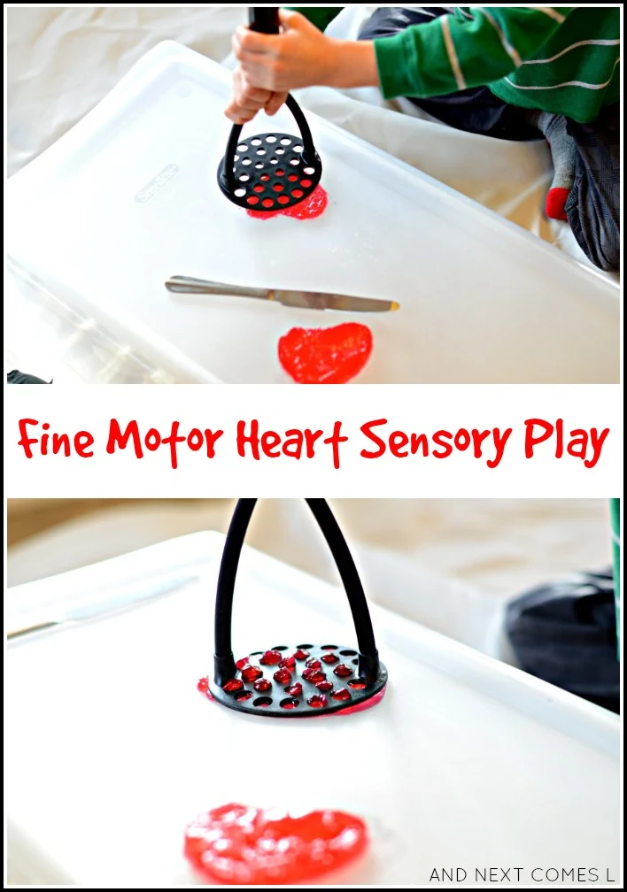 Fine motor gelatin heart-breaking sensory play for Valentine's Day from And Next Comes L