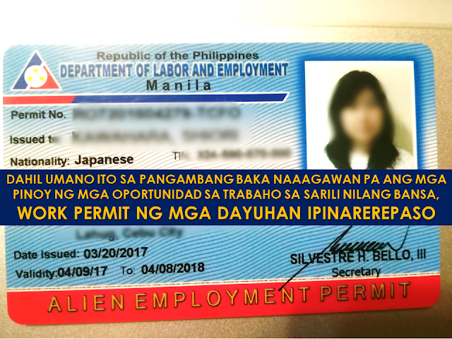 It is said that the number of overseas Filipino workers (OFW) increase because Filipinos could not find decent jobs with adequate income so they are forced to apply for overseas jobs to provide for their family. Some of the reasons pointed out by many is the age requirement but the Department of Labor and Employment (DOLE) recently prohibited age limit requirements in job hiring among companies. However, the law says the hiring of foreign workers are only applied to jobs that Filipinos could not accomplish. Is there really a problem among Filipinos to find jobs in the country or they are just being robbed of opportunities? Issuance of alien employment permit is now suggested to be subjected to review in a doubt that Filipinos might be deprived of jobs on their own land due to a number of aliens working in the country. Ads Sponsored Links DOLE is now placing under review he permits issued to foreign workers in the Philippines according to Labor Secretary Silvestre Bello III. This is in the light of the possibility that local workers are being robbed of job opportunities in their own country. the Issue was raised during DOLE budget hearing last September 19. Labor Secretary Silvestre Bello III said that he already ordered all the employment permit issued to aliens and canceling of those who did not comply with standards set by DOLE. "Ang binibigyan lang namin ng permit to work ay iyong magtatrabaho ng isang klaseng trabaho na hindi kaya ng Pilipino," ani Bello. However, Bello clarified that aside from DOLE, there are also other entities who issue employment permits to the foreigners. DOLE also admits the possibility that there are foreigners who are working in the country without work permits. About 115,000 of alien employment permit was released by DOLE since 2015. Among 51,980 of these were issued to Chinese. However, Sen. Franklin Drilon, in a Senate hearing said that in Metro Manila alone, there are 4,000 of them. labor group Kilusang Mayo Uno (KMU) said that Filipinos should not be deprived of jobs in their own land citing a large number of unemployed citizens in the country struggling to land a job. Filed under the category of overseas Filipino workers, overseas jobs, Department of Labor and Employment , foreign workers , alien employment permit