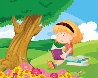 Clipart image of a girl reading under a tree in a garden
