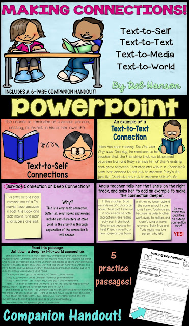 Making Connections PowerPoint- this is an engaging, memorable way to teach students how to make connections while reading! It includes four types of connections (text-to-self, text-to-text, text-to-media, and text-to-world), along with stressing the difference between surface connections and deep connections.