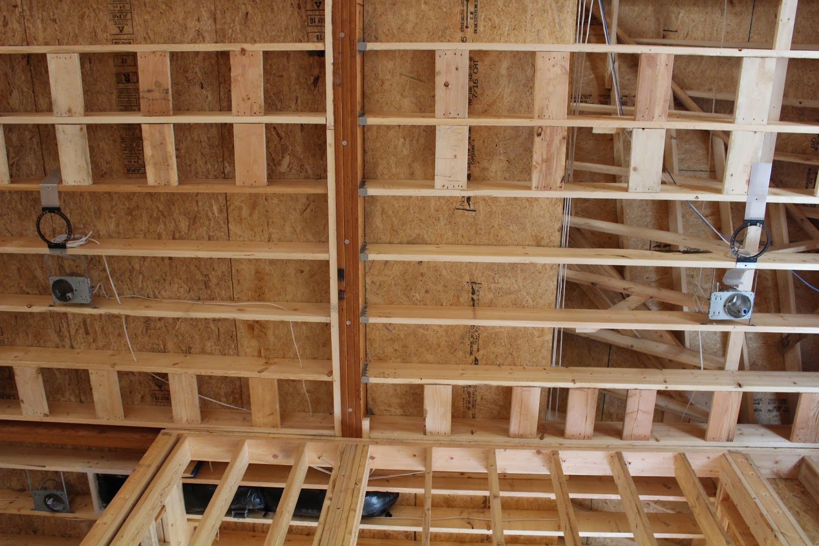 Gauch Hollow: Wiring, fireplace, boxing/siding started