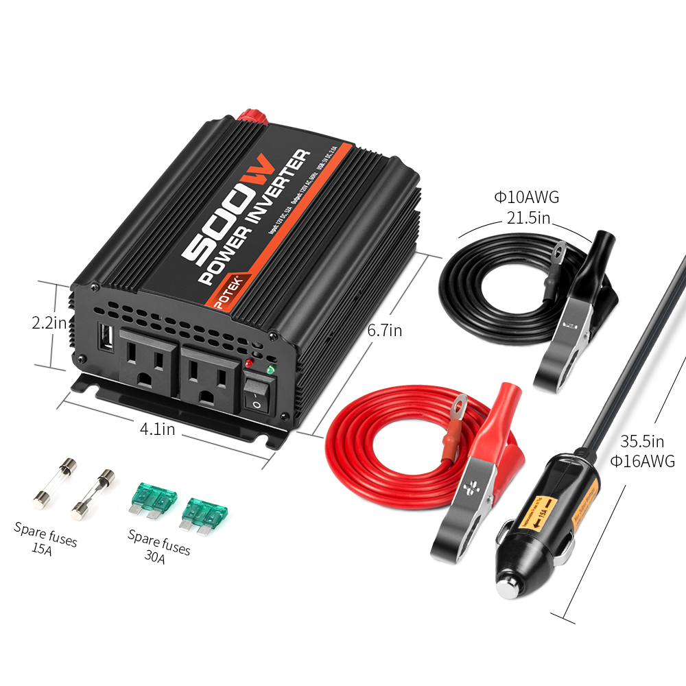 500W Power Car Inverter DC 12V to AC 110V Dual AC Charging Port and 2A