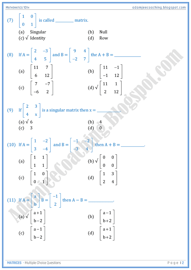 matrices-mcqs-mathematics-10th