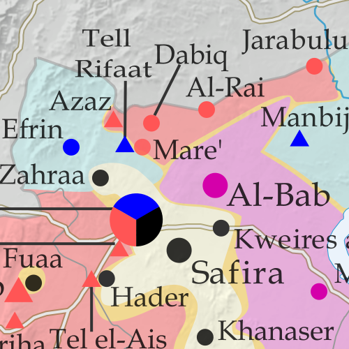 Map of fighting and territorial control in Syria's Civil War (Free Syrian Army rebels, Kurdish YPG, Syrian Democratic Forces (SDF), Jabhat Fateh al-Sham (Al-Nusra Front), Islamic State (ISIS/ISIL), and others), updated to October 25, 2016. Now includes terrain and major roads (highways). Includes recent locations of conflict and territorial control changes, such as Dabiq, Tell Rifaat, Moadamiya, and more (colorblind accessible).