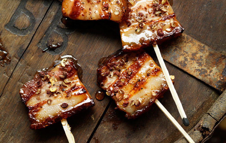 Pork Belly Lollipops Dripped with Maple Syrup
