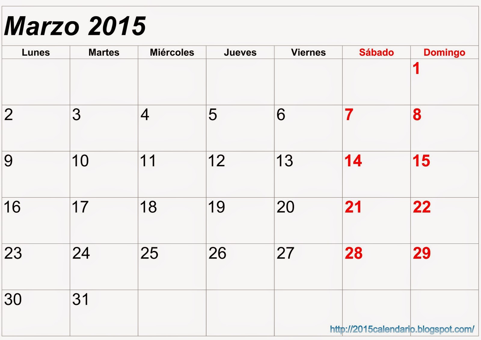 Calendario mensual marzo 2015 para imprimir