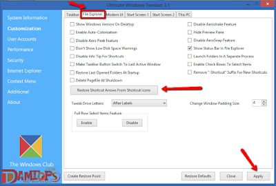 Ultimate Windows Tweaker to remove desktop icon arrow