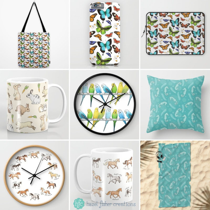 Society6 surface designs - mugs, clocks, cushions, butterfly, rabbits, horses and seahorses by Hazel Fisher Creations Society6 surface designs - mugs, clocks, cushions, butterfly, rabbits, horses and seahorses by Hazel Fisher Creations
