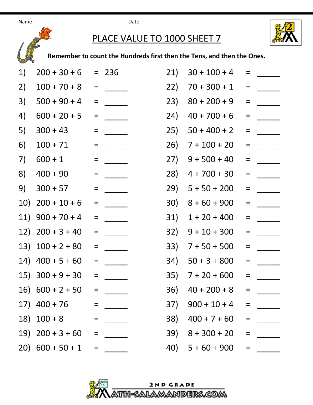 Place Value Of A Number Worksheets